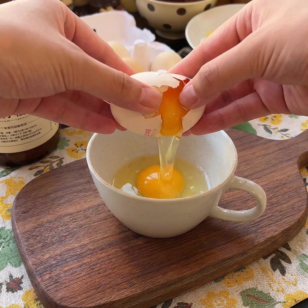 Mains cassant un œuf frais dans un mug en céramique contenant déjà un autre œuf.