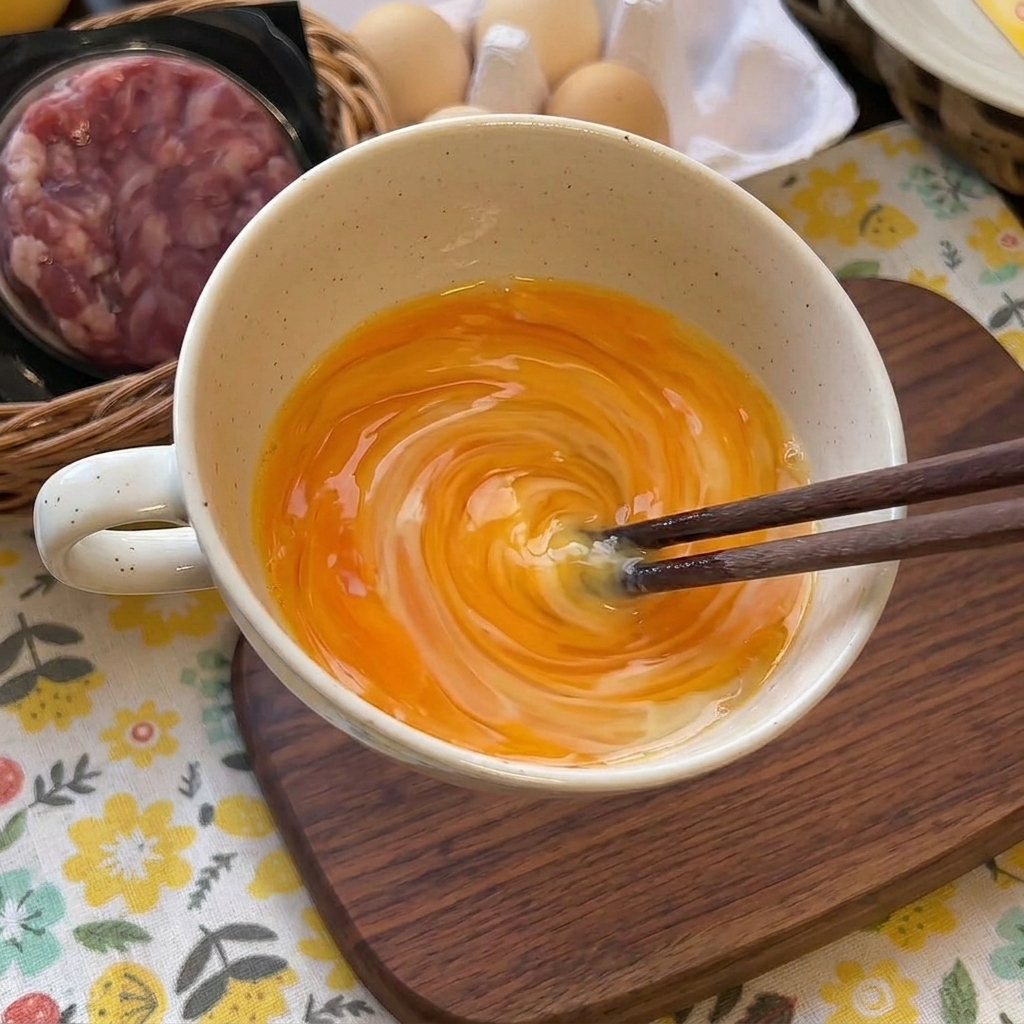 Baguettes remuant vigoureusement un mélange dœufs et de lait dans un mug blanc.
