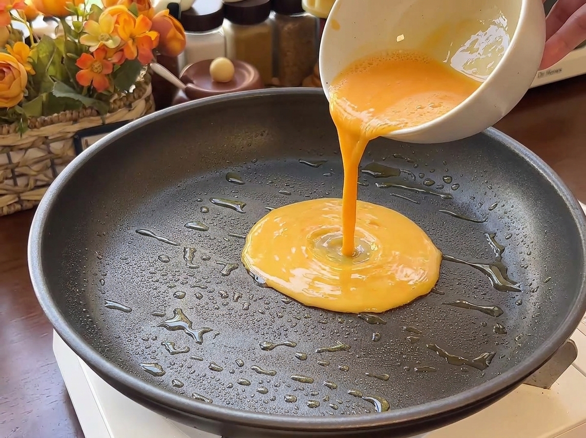 Mélange dœufs versé dans une grande poêle antiadhésive chaude avec quelques gouttes dhuile.