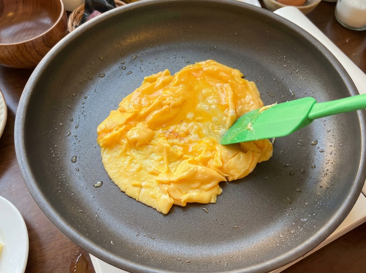 Une spatule verte ramenant les œufs brouillés vers le centre dune poêle noire.