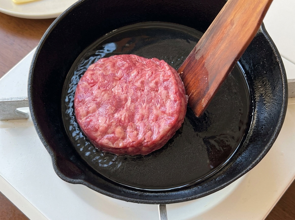 Une spatule en bois déposant un steak de bœuf haché cru dans une poêle en fonte chaude.