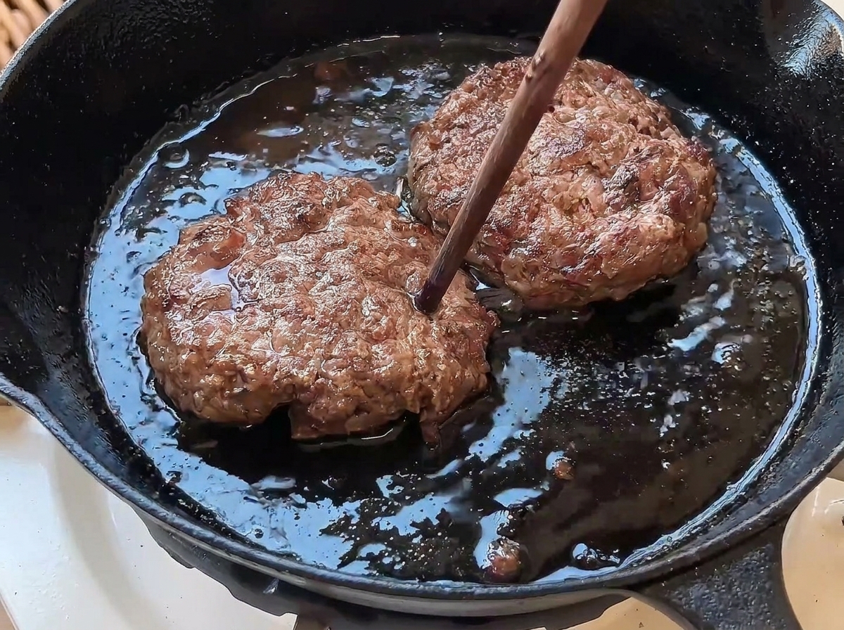 Une baguette piquant le centre dun steak haché bien doré dans une poêle.