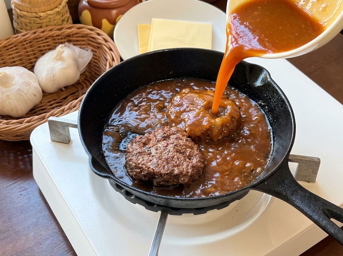 Versement dune sauce brune onctueuse sur deux steaks hachés dans une poêle en fonte.