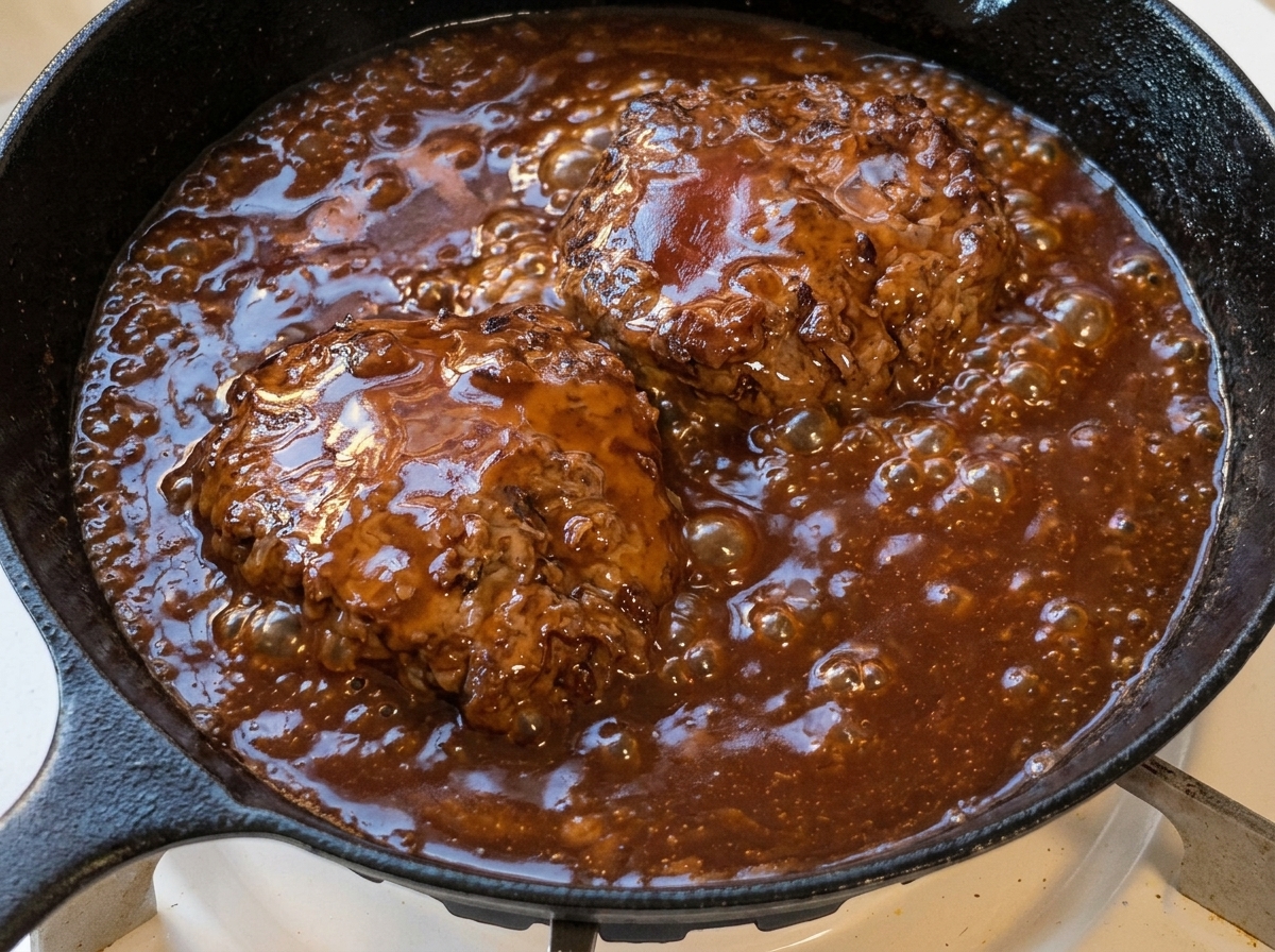 Deux steaks hachés mijotant dans une sauce brune bouillonnante qui sépaissit.
