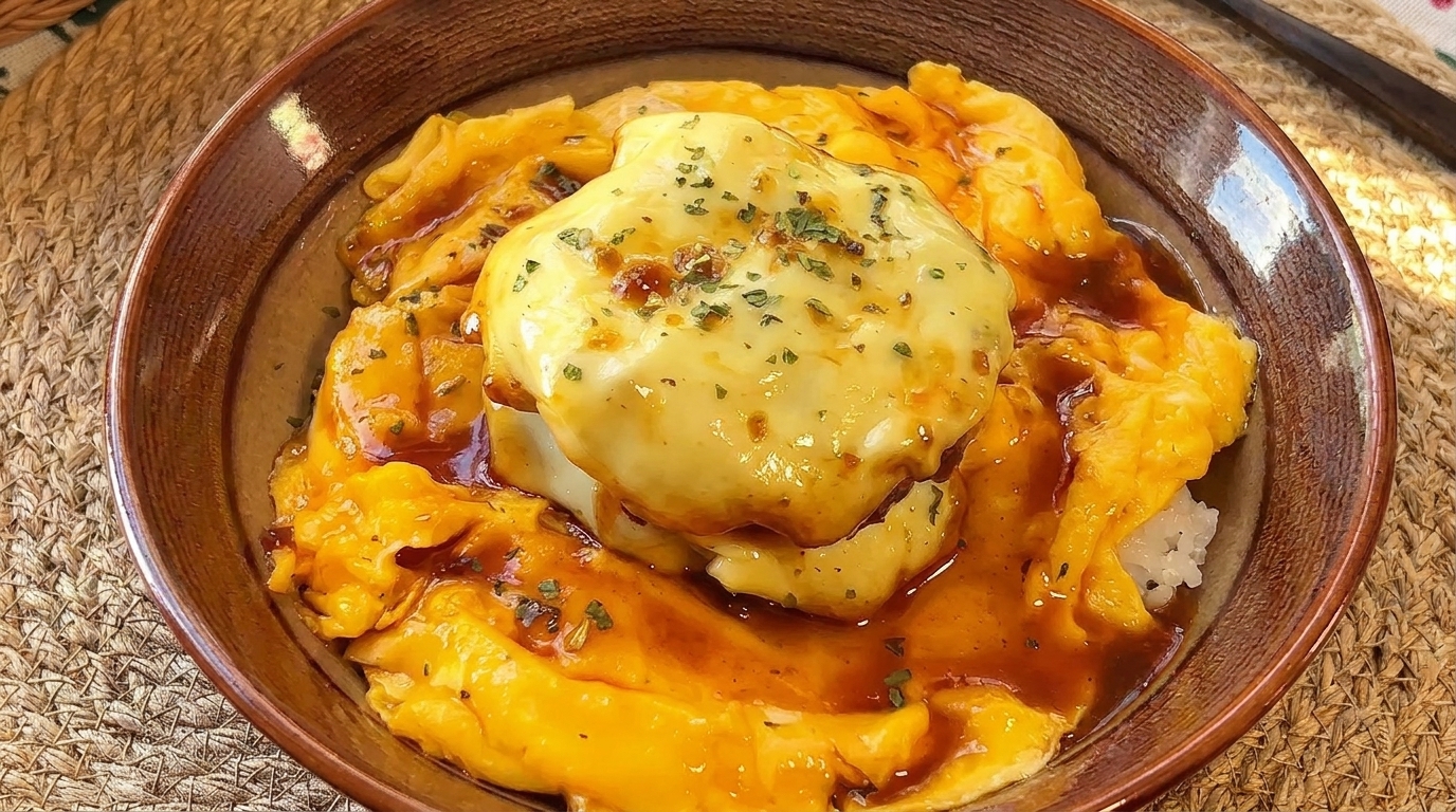 Donburi au steak haché au fromage à la japonaise