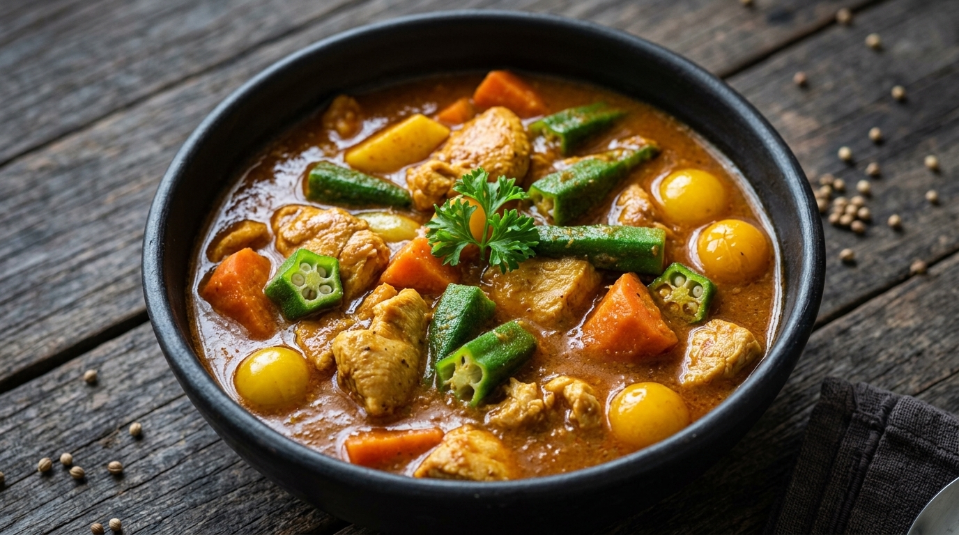 Curry de poulet soyeux aux gombos, pâtes et poivrons grillés