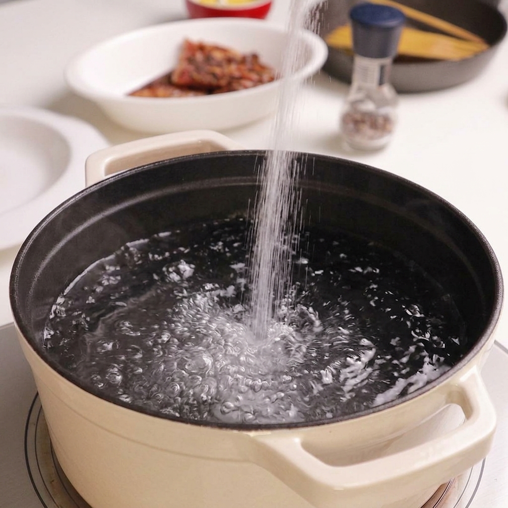 Du sel versé dans une grande casserole deau en pleine ébullition.