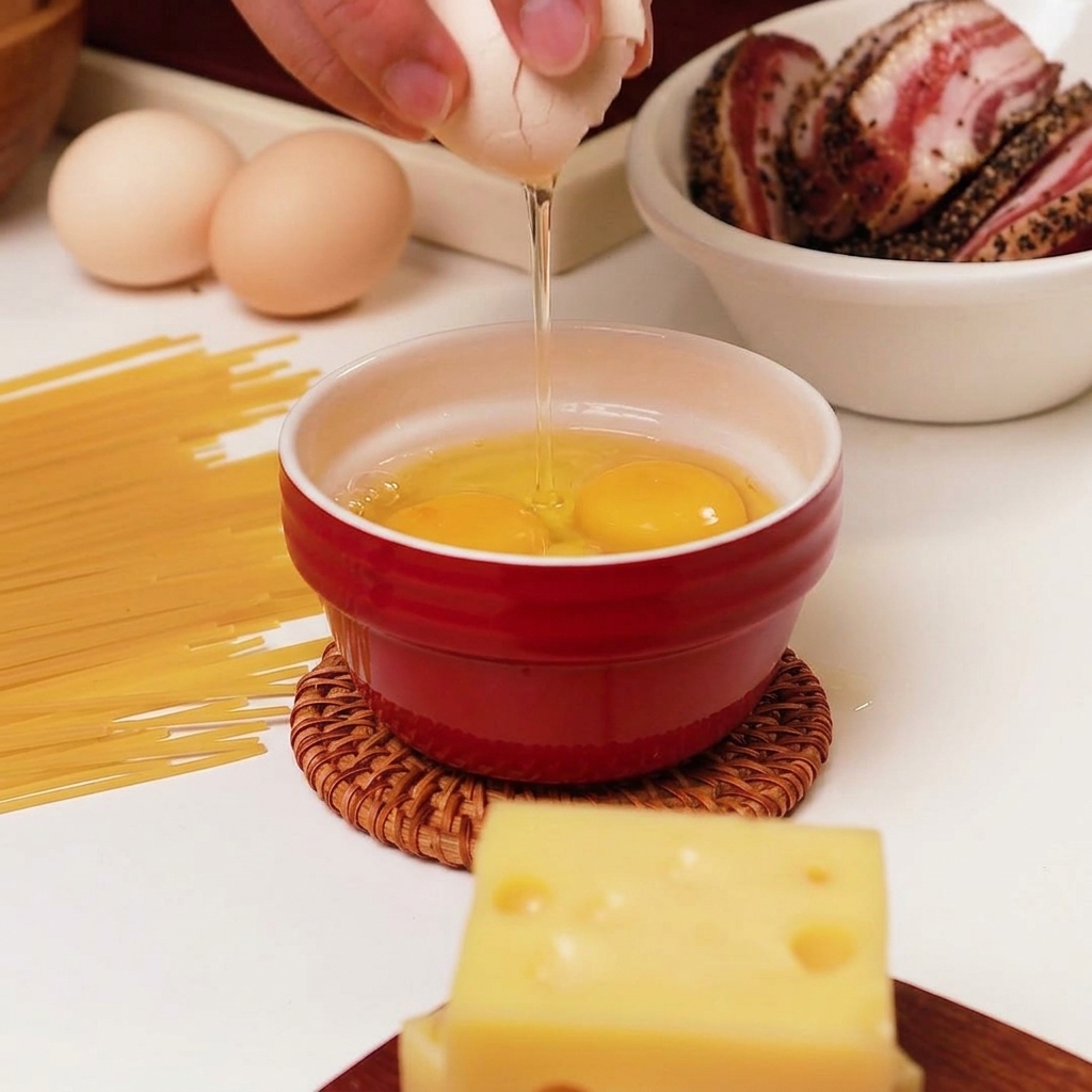 Un jaune dœuf ajouté à dautres œufs crus dans un bol rouge.