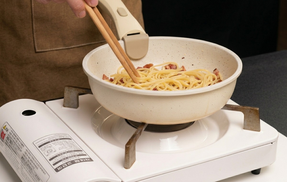 Mélange des spaghetti chauds et du guanciale à laide de baguettes en bois.