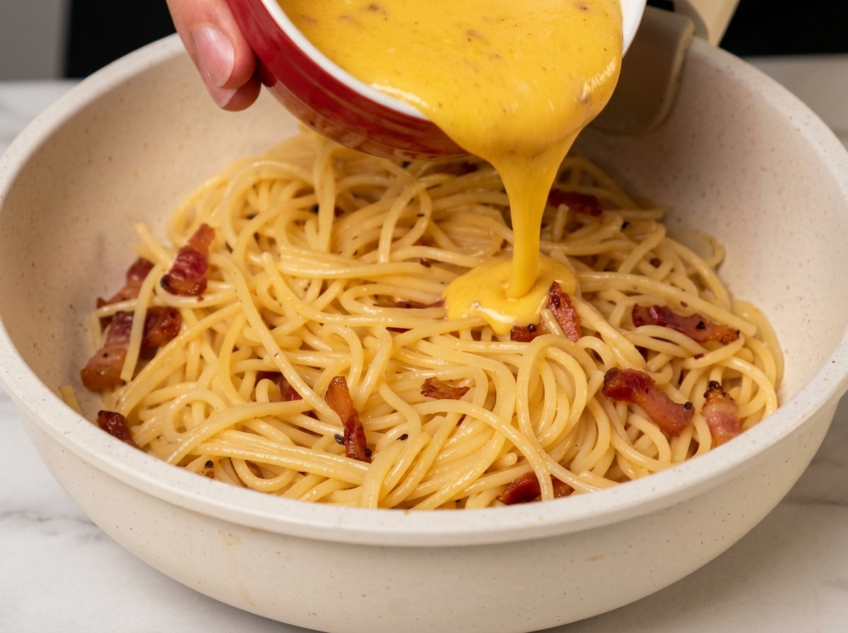 Versage du mélange œufs et fromage sur les spaghetti et le guanciale dans la poêle.