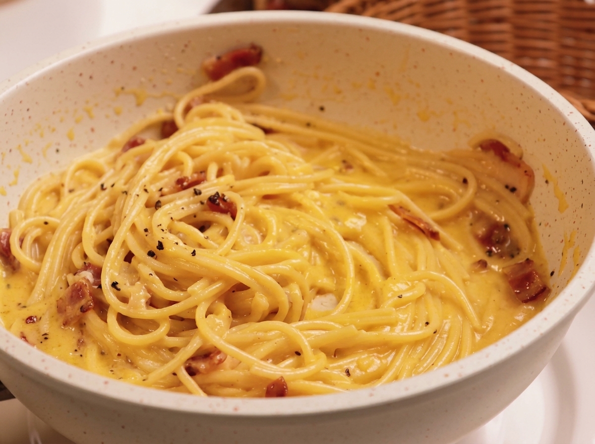 Spaghetti enrobés dune sauce aux œufs brillante et crémeuse dans une poêle blanche.