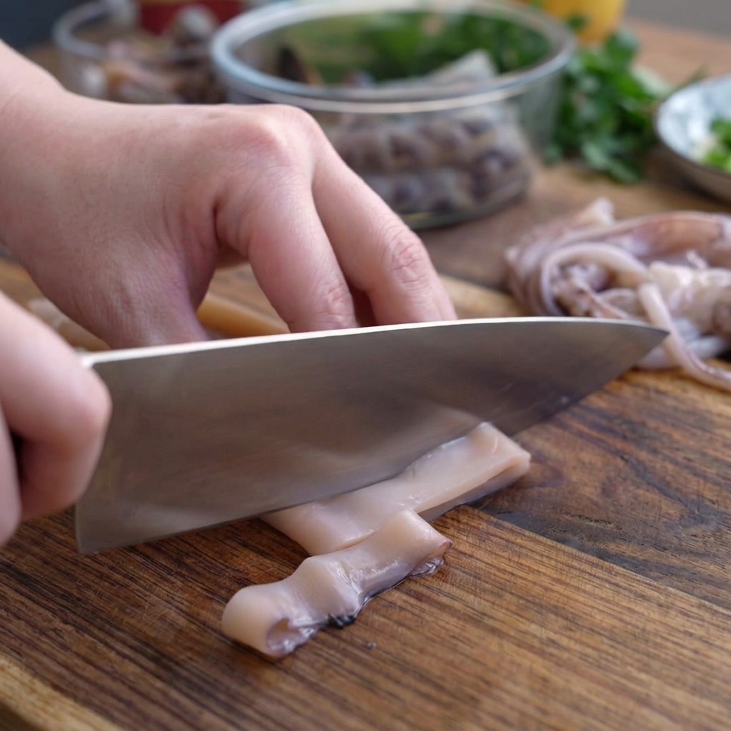 Une main utilisant un couteau de chef pour couper un tube de calamar en anneaux réguliers sur une planche en bois.