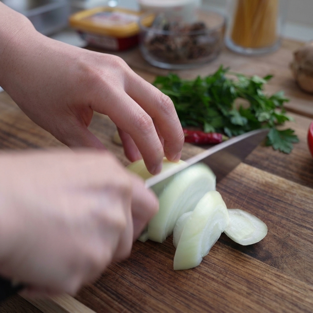 Mains coupant un demi-oignon blanc en fines lamelles sur une planche à découper.