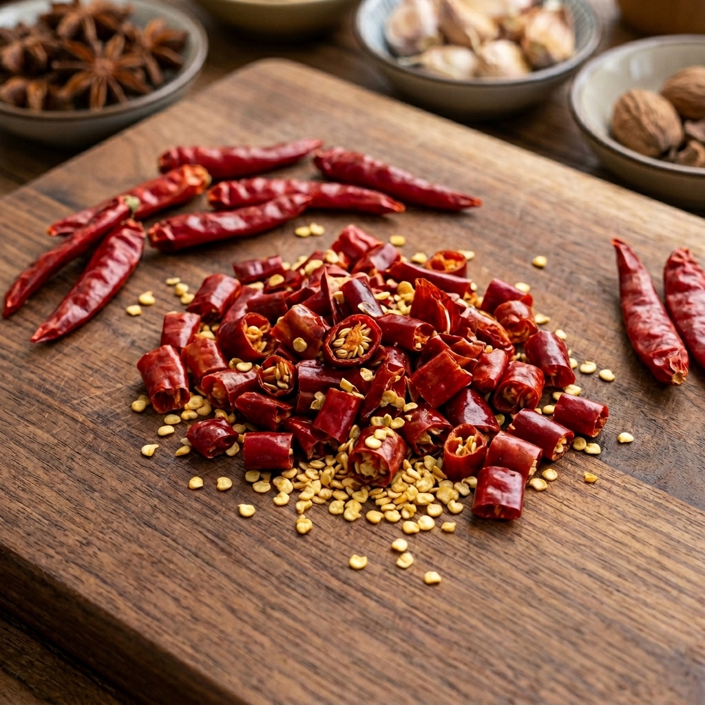 Piments rouges séchés coupés en morceaux à côté de piments entiers sur une planche.