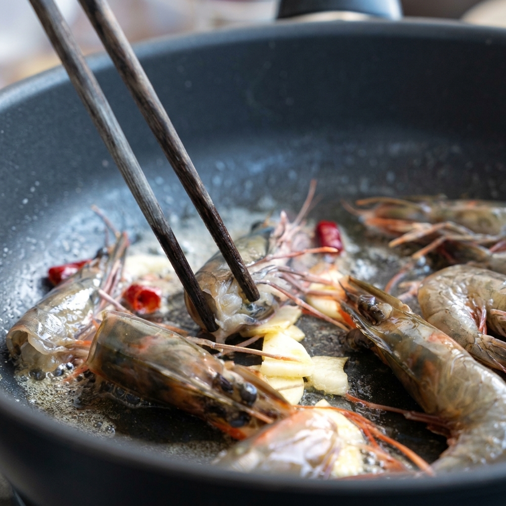 Têtes de crevettes frites avec lail et le piment, libérant une huile orangée.