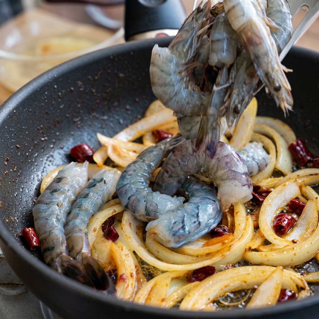 Crevettes crues ajoutées à la poêle chaude avec les oignons et les piments à laide dune pince.