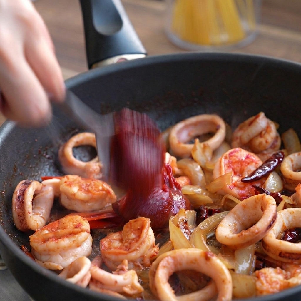 Une cuillère de pâte de piment rouge ajoutée aux fruits de mer et oignons dans la poêle.