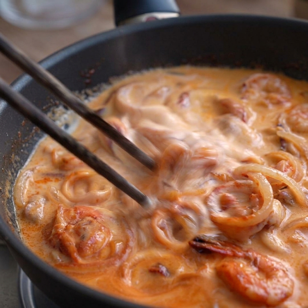 Sauce orangée crémeuse bouillonnant doucement avec les crevettes et le calamar.