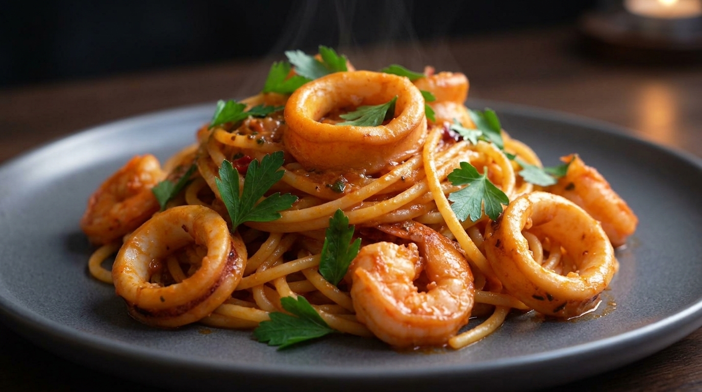 Pâtes Crémeuses aux Fruits de Mer (Sauce Gochujang)