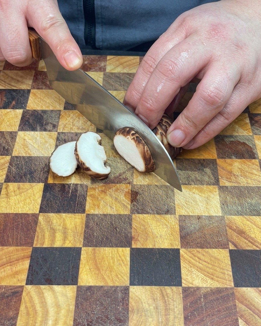 Un chef coupant soigneusement des champignons de Paris frais sur une planche en bois.