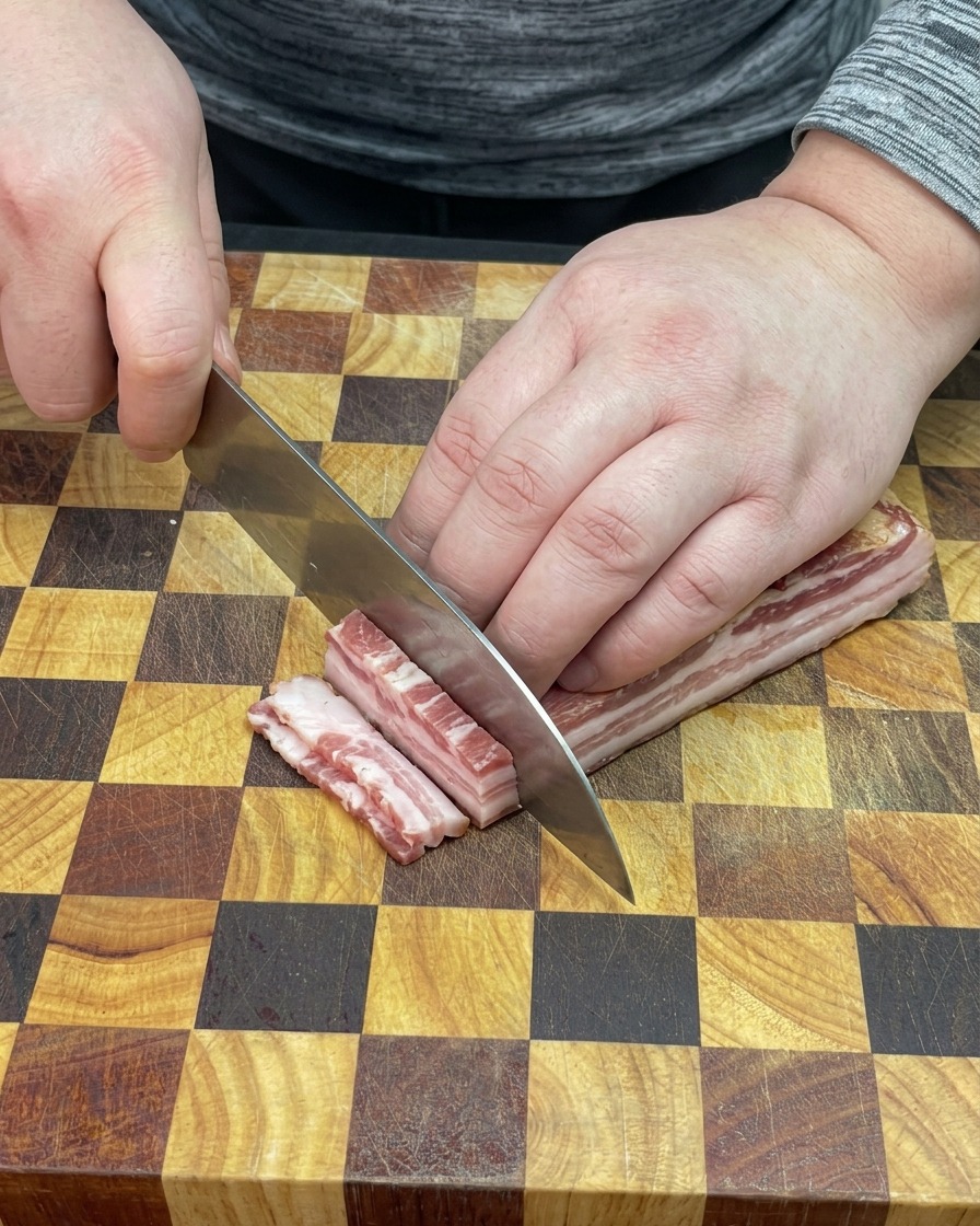 Couteau tranchant découpant des tranches de lardons fumés en petits morceaux sur une planche.