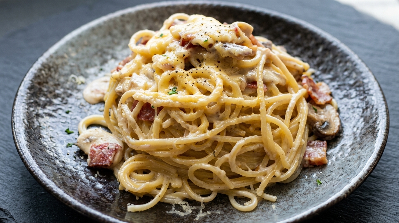 Spaghetti Carbonara Crémeux aux Champignons et Lardons