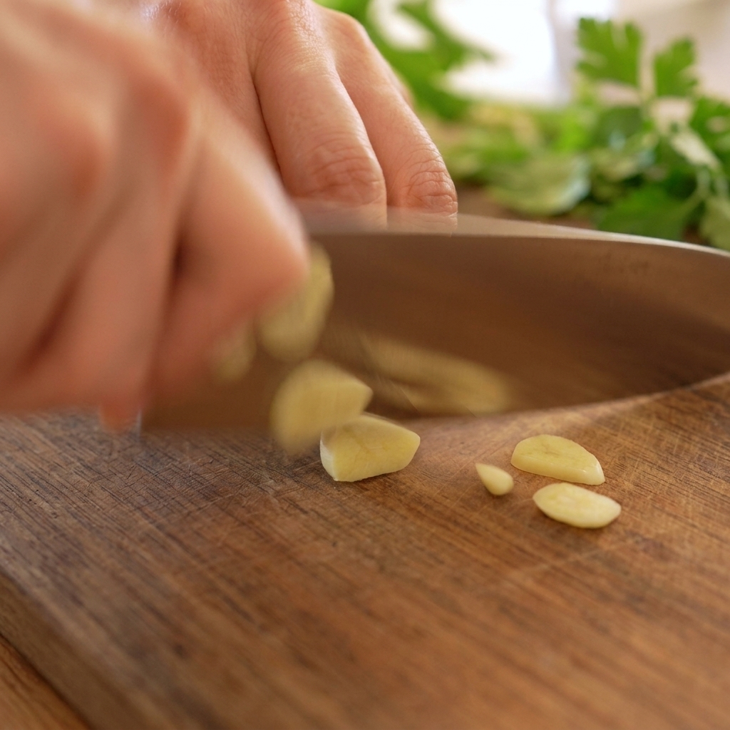 Une main utilisant un couteau de cuisine pour trancher des gousses dail pelées sur une planche en bois sombre.
