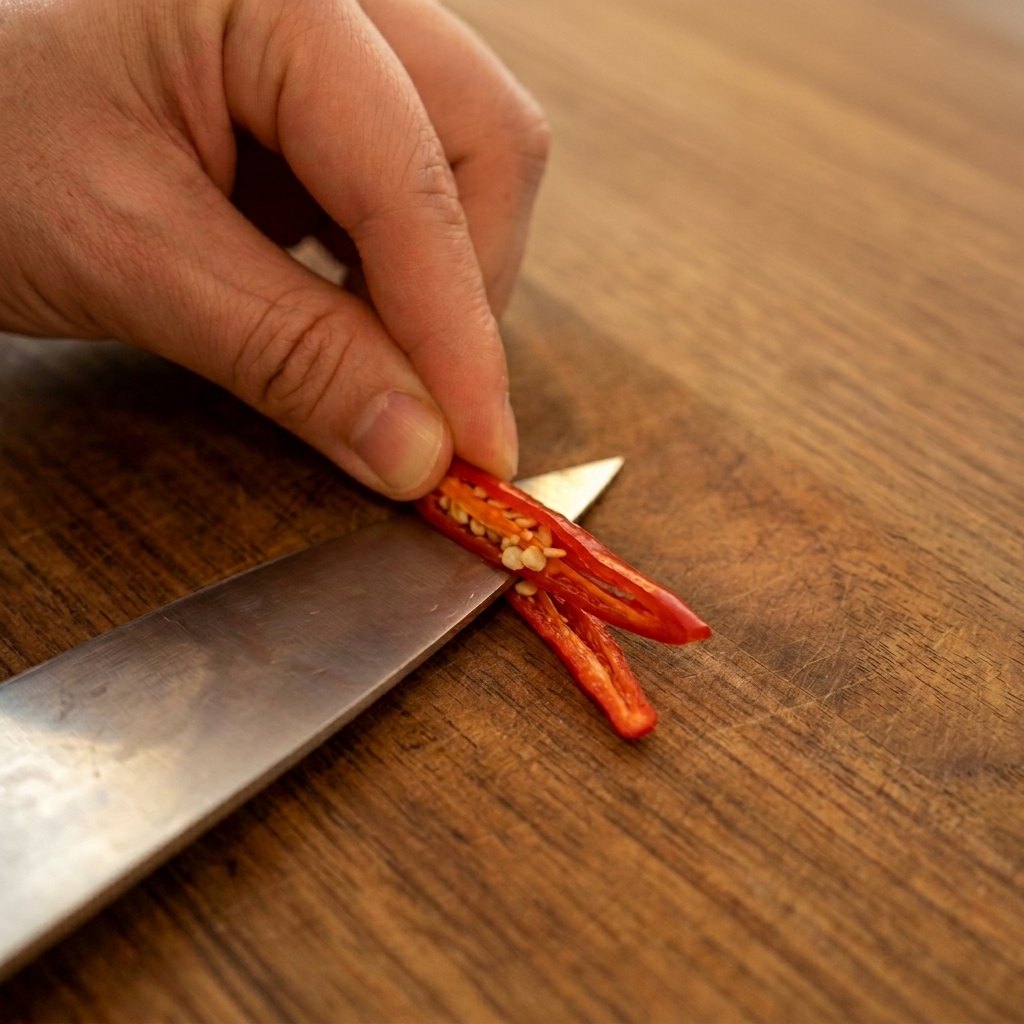 Une main tenant un piment rouge coupé en deux tout en grattant les graines blanches avec la pointe dun couteau.