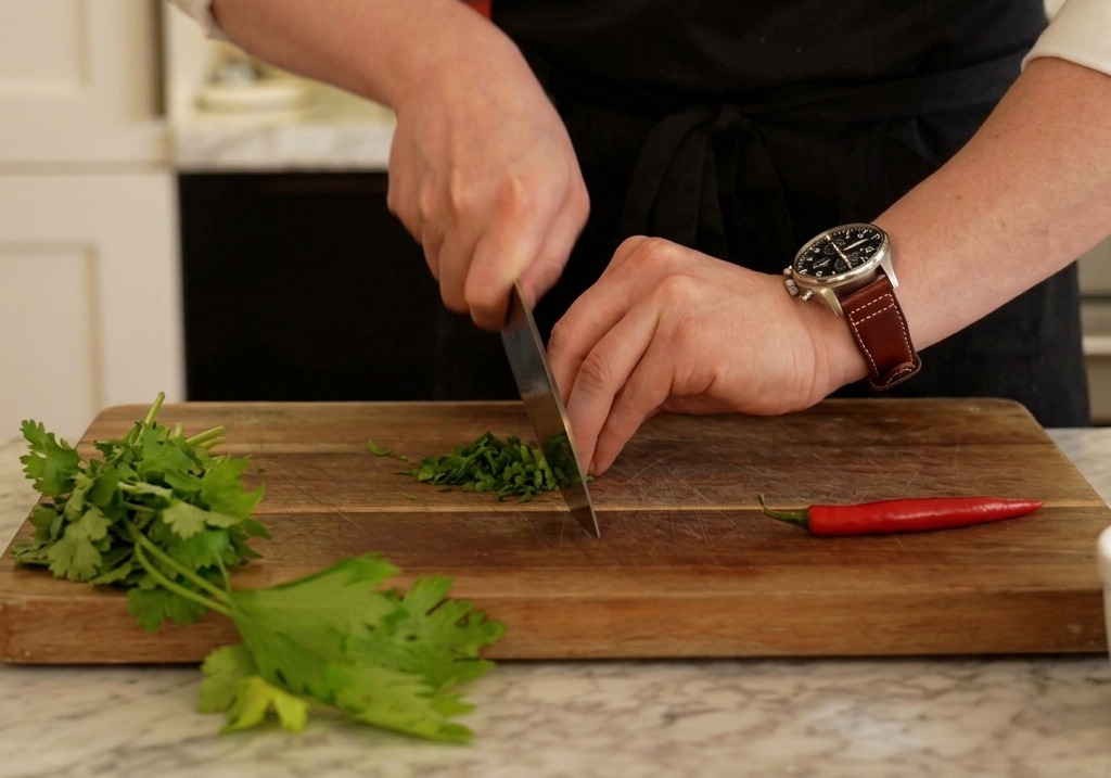 Un chef en tablier noir hachant du persil plat frais sur une planche à découper à côté dun piment rouge.