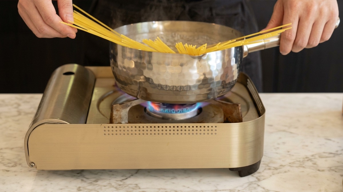 Une personne plongeant des spaghetti secs dans une casserole deau bouillante sur une cuisinière à gaz.