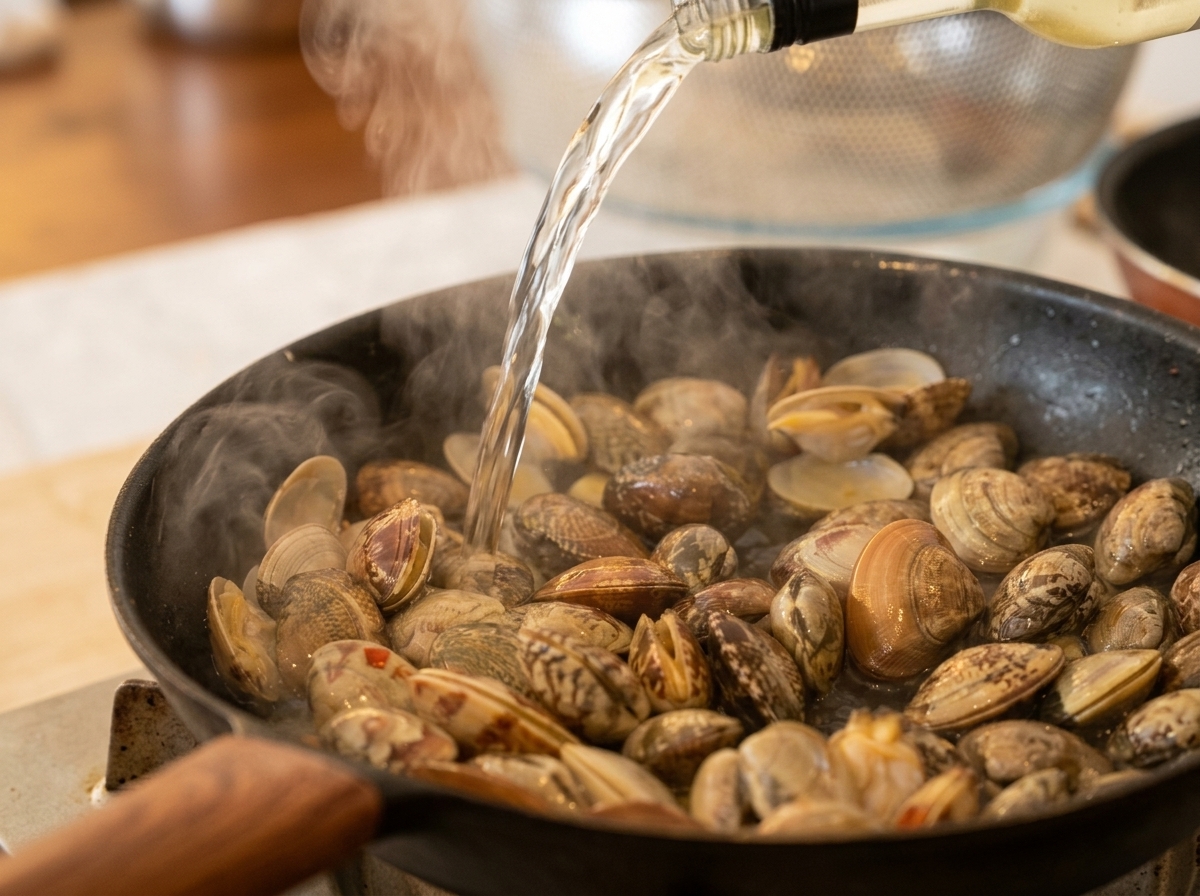Vin blanc sec versé directement sur les palourdes fumantes en cours de cuisson.