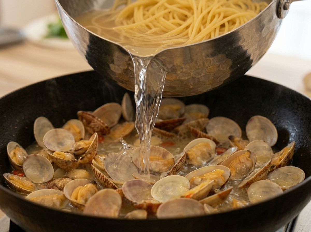 Spaghetti cuits et une louche deau de cuisson versés dans la sauteuse avec les palourdes.