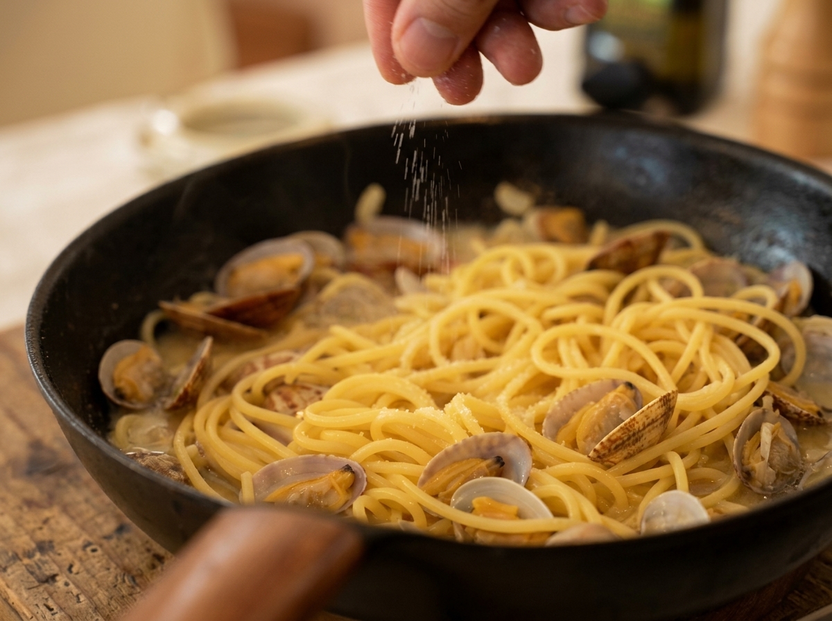 Une main saupoudrant lassaisonnement sur les spaghetti et les palourdes dans la poêle.