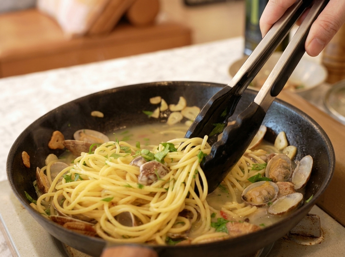 Une pince mélangeant les spaghetti, les palourdes et le persil frais haché dans une sauteuse.