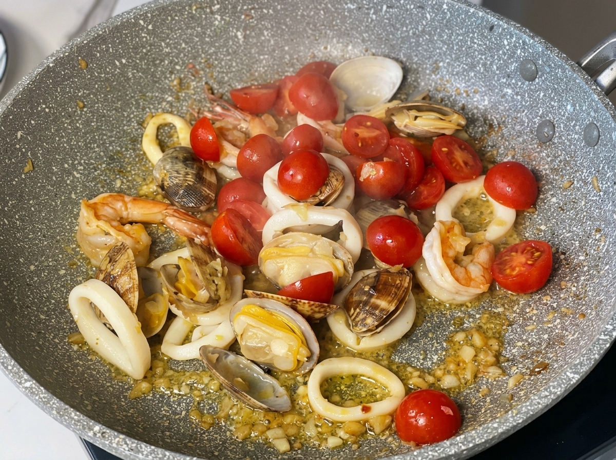 Tomates cerises coupées cuisant dans une poêle avec des palourdes, des crevettes et des anneaux de calamar.