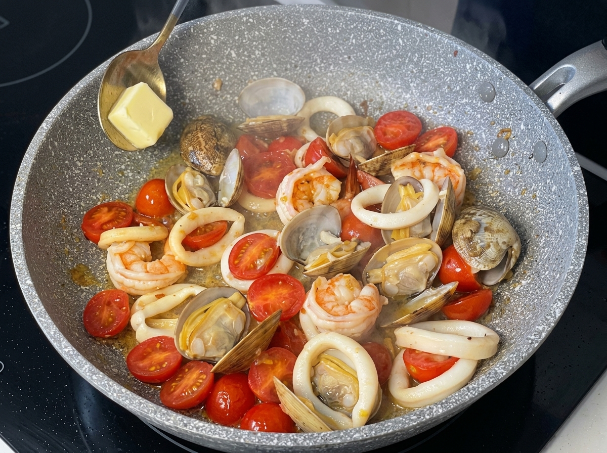 Une noix de beurre jaune déposée dans une poêle de fruits de mer et tomates cerises.