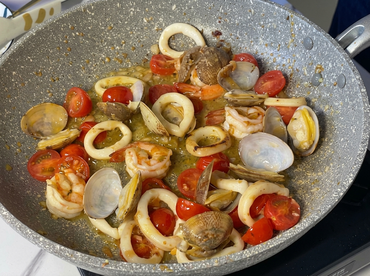 Crevettes, calamars, palourdes et tomates frémissant dans une sauce au beurre et vin blanc.