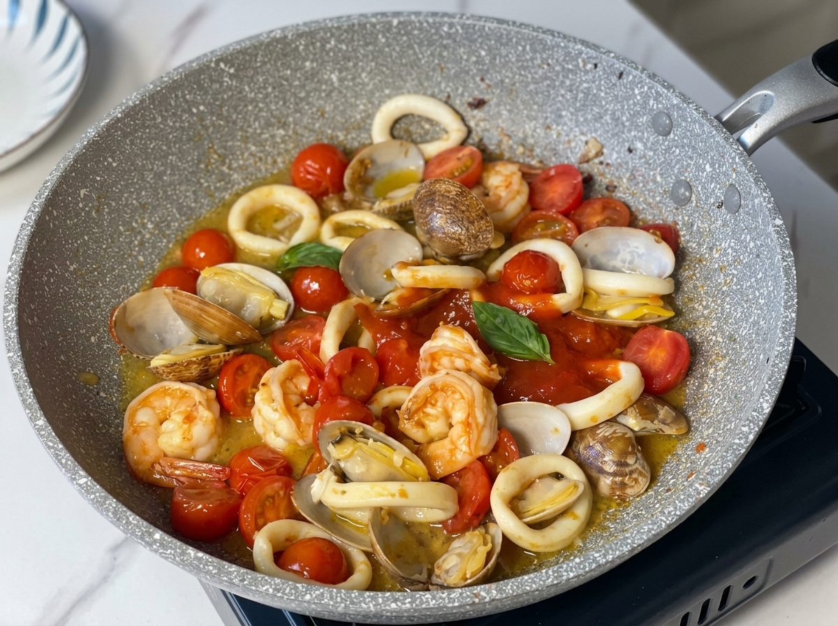 Sauce tomate rouge versée dans la poêle contenant les crevettes, le calamar et les palourdes.