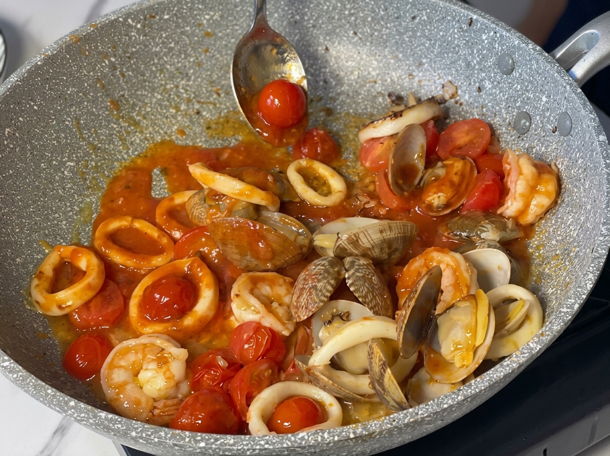 Une cuillère remuant une sauce tomate rouge vibrante avec des fruits de mer et des tomates cerises.