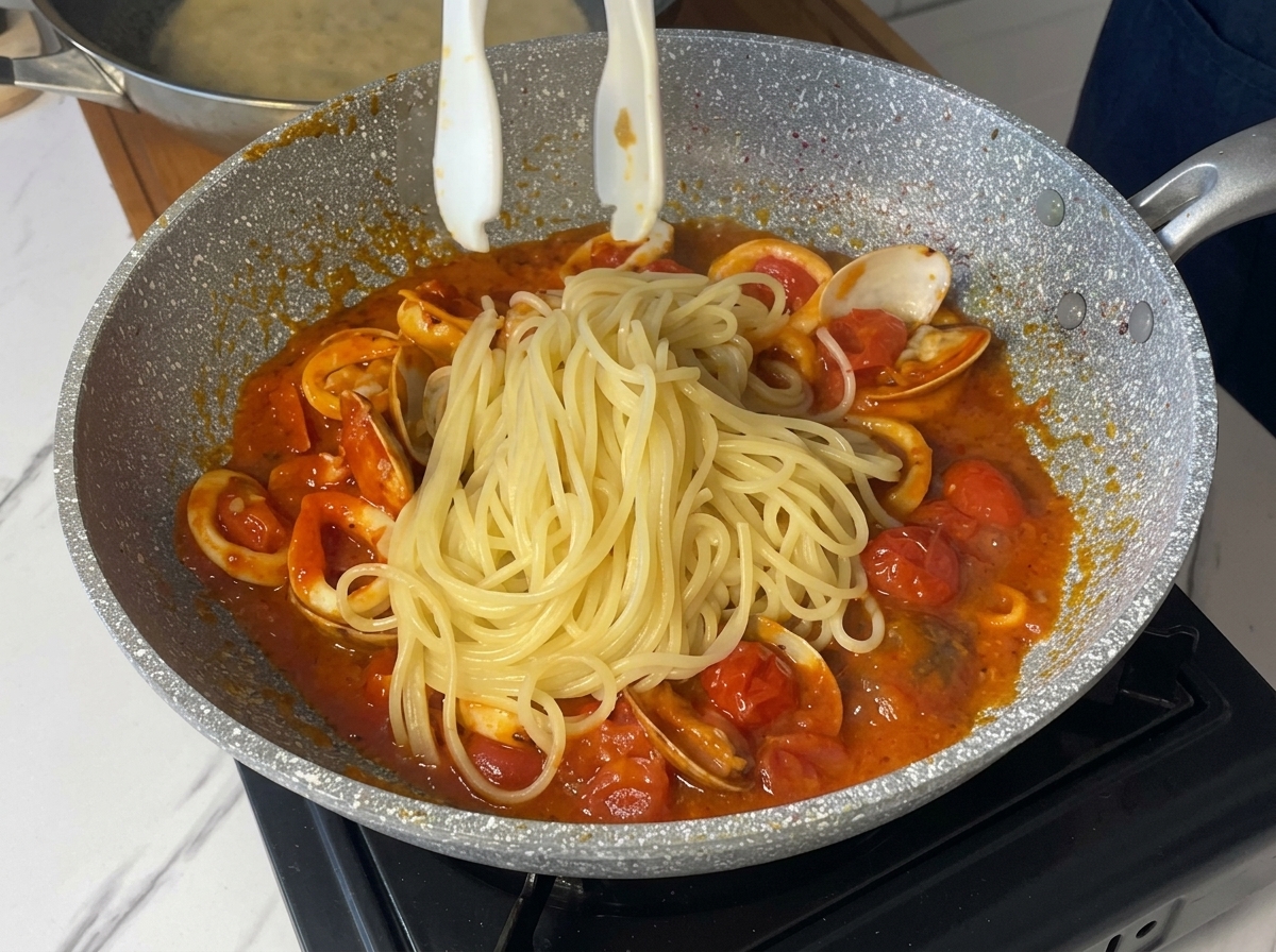 Une pince déposant les spaghettis cuits dans la sauce tomate aux fruits de mer bouillonnante.