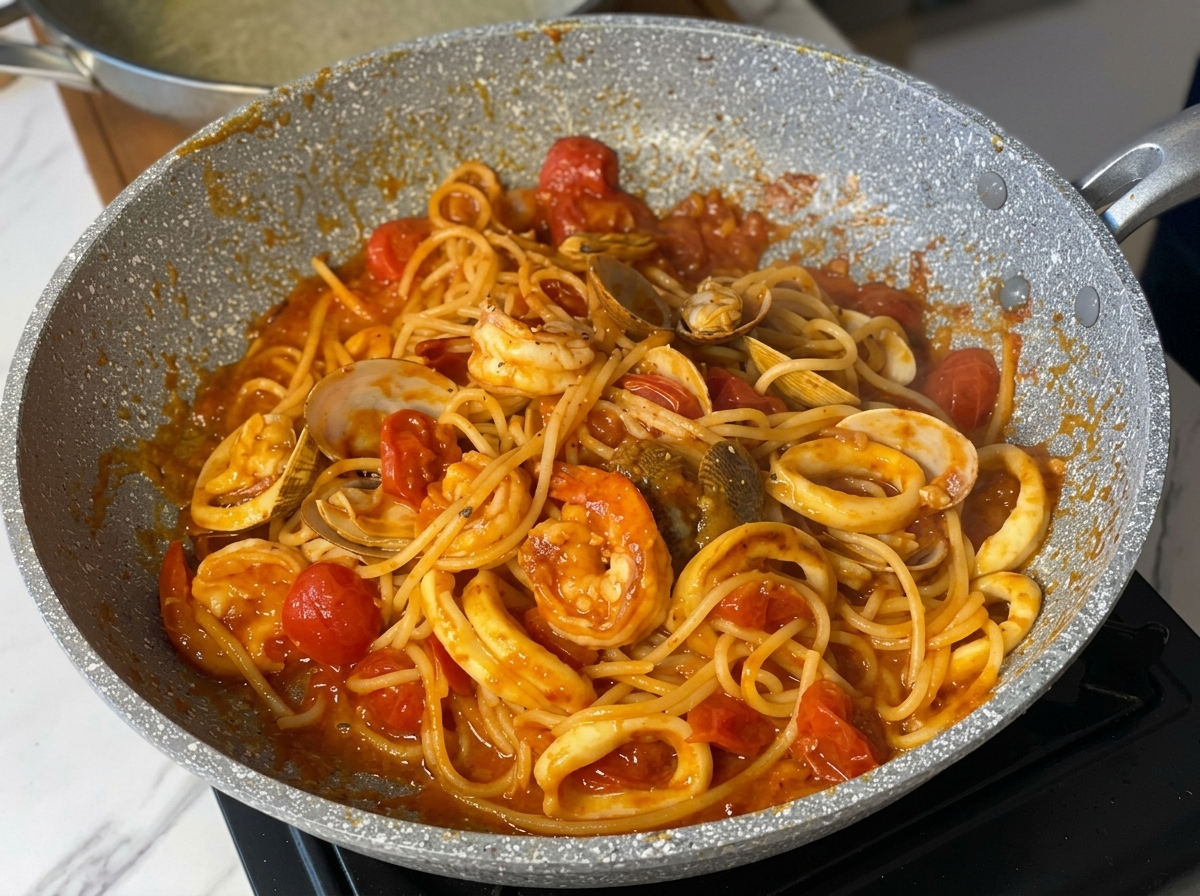 Spaghettis aux fruits de mer entièrement mélangés dans la poêle, prêts pour lassaisonnement final.