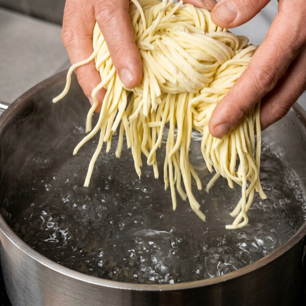 Deux mains tenant une poignée de gros spaghettis au-dessus dune marmite deau bouillante en inox.