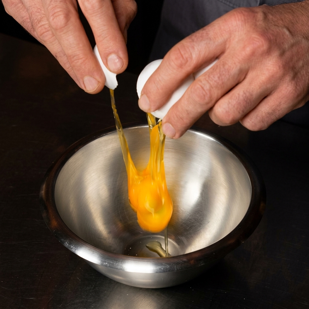 Deux mains cassant un œuf entier dans un cul-de-poule en inox propre.