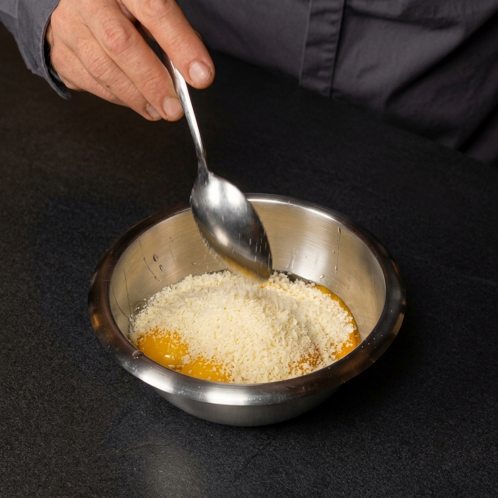 Une main utilisant une cuillère pour ajouter du fromage finement râpé dans un bol en inox contenant des œufs.