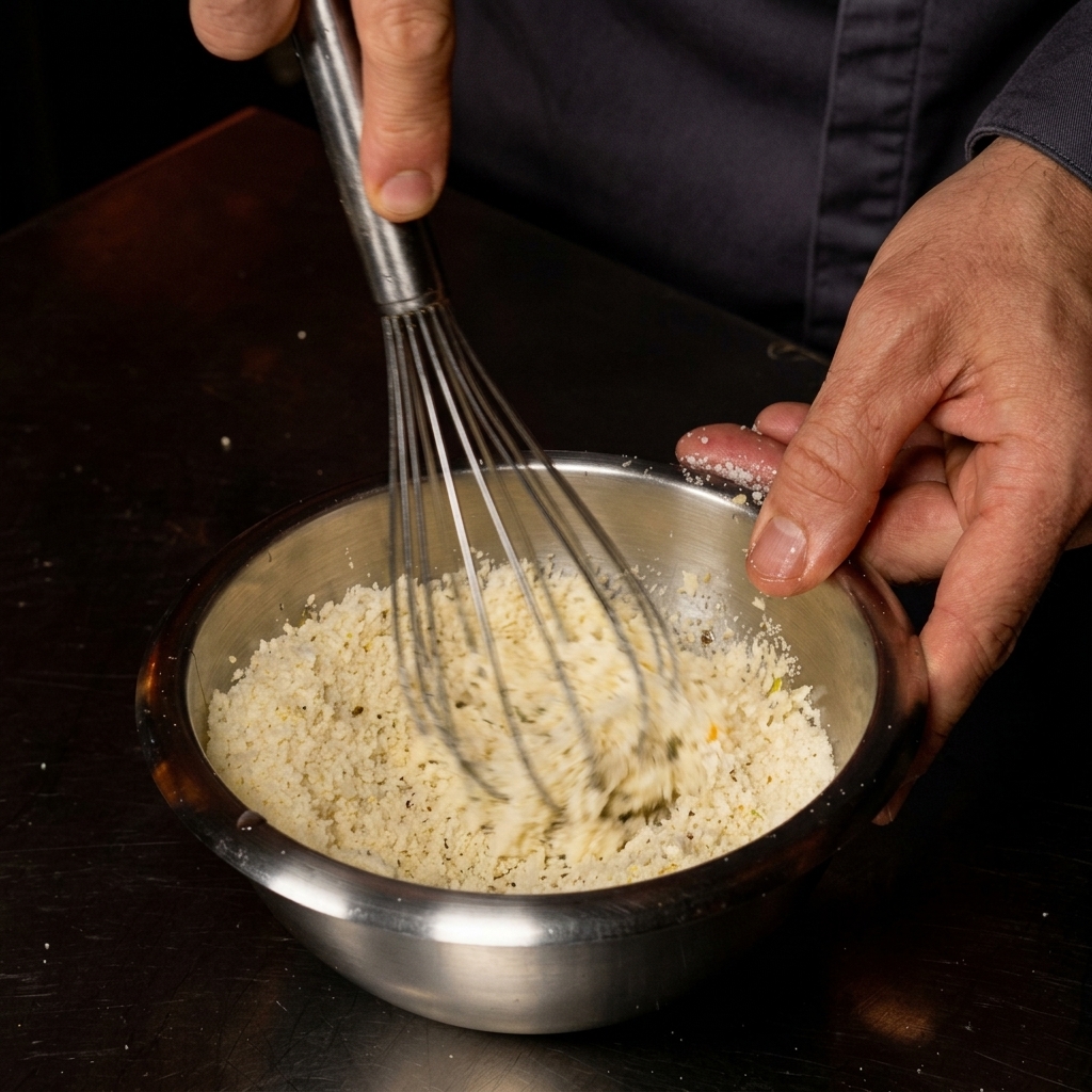 Une main fouettant vigoureusement un mélange épais dœufs et de fromage dans un bol en inox.