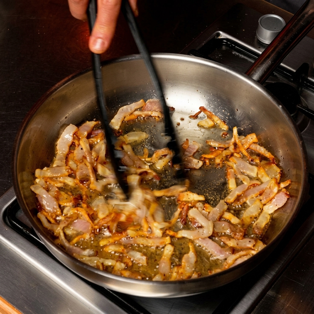 Des pinces remuant des lanières de guanciale dans une poêle en inox pendant quelles dorent.