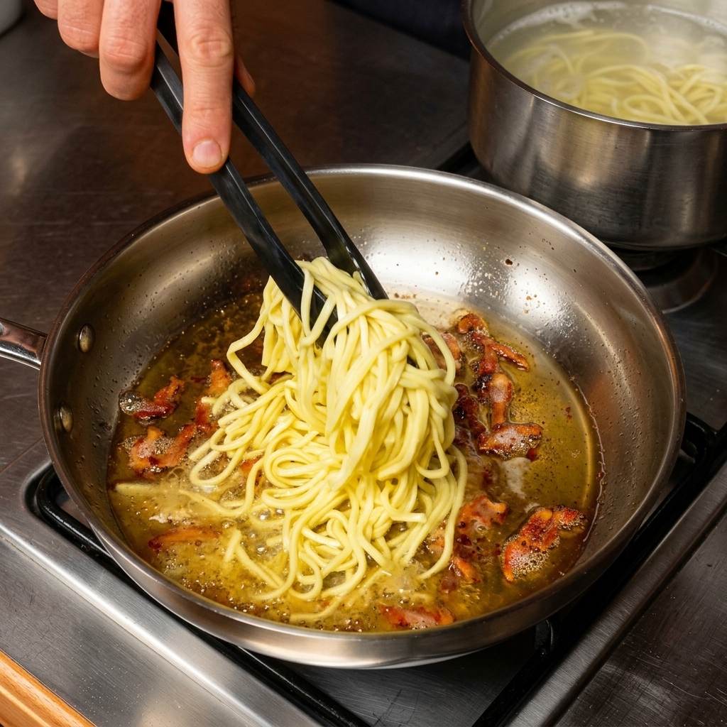Des pinces noires soulevant de longs spaghettis hors de leau bouillante pour les déposer dans une poêle contenant la graisse chaude.