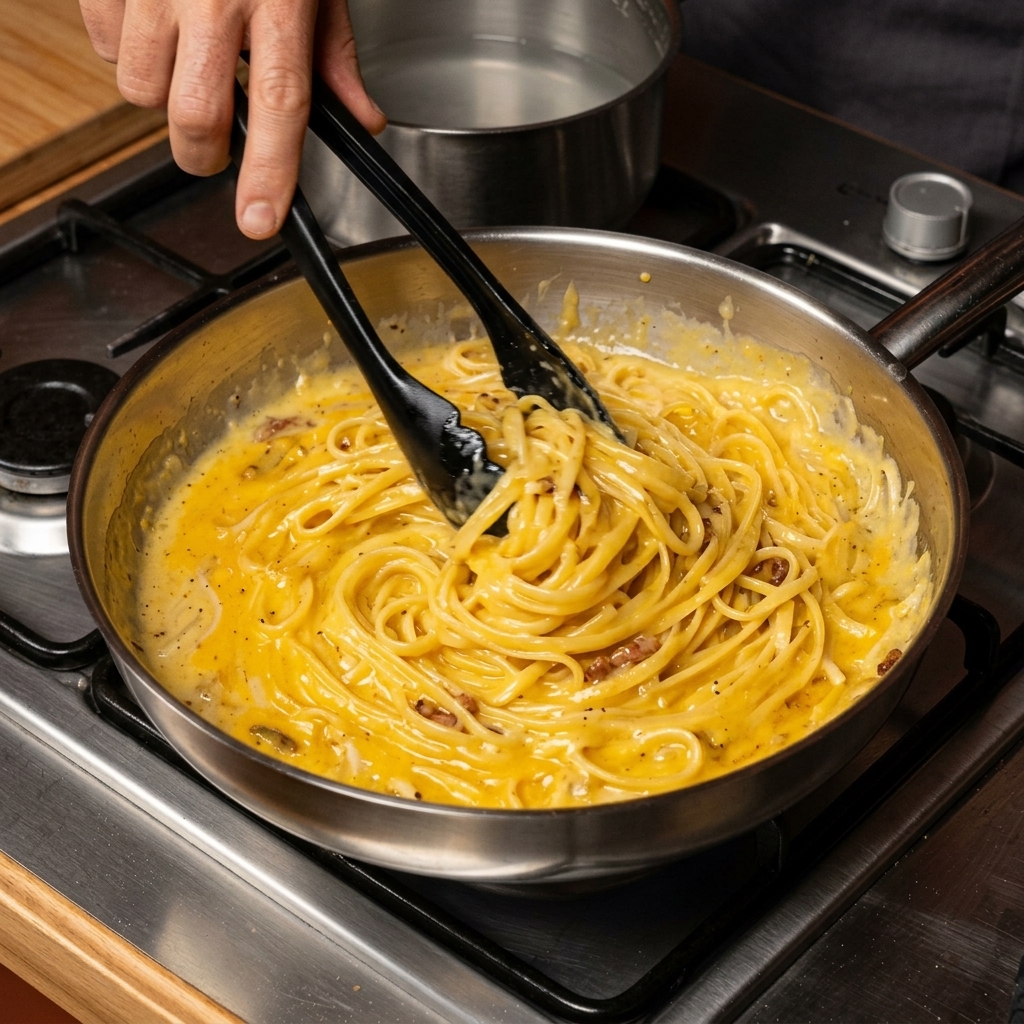 Des spaghettis vigoureusement mélangés avec des pinces dans une poêle, enrobés dune sauce carbonara jaune et brillante.