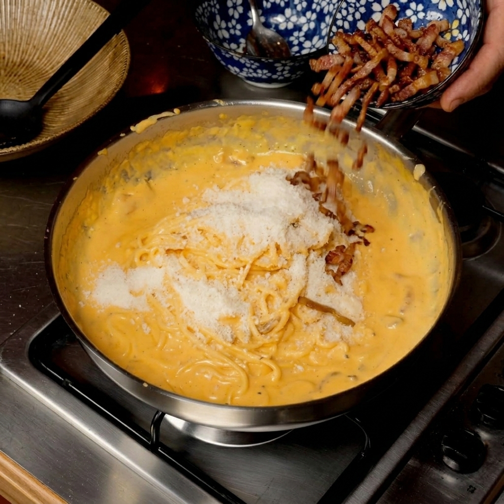Ajout de morceaux de guanciale frits et croustillants depuis un petit bol sur les pâtes crémeuses dans la poêle.