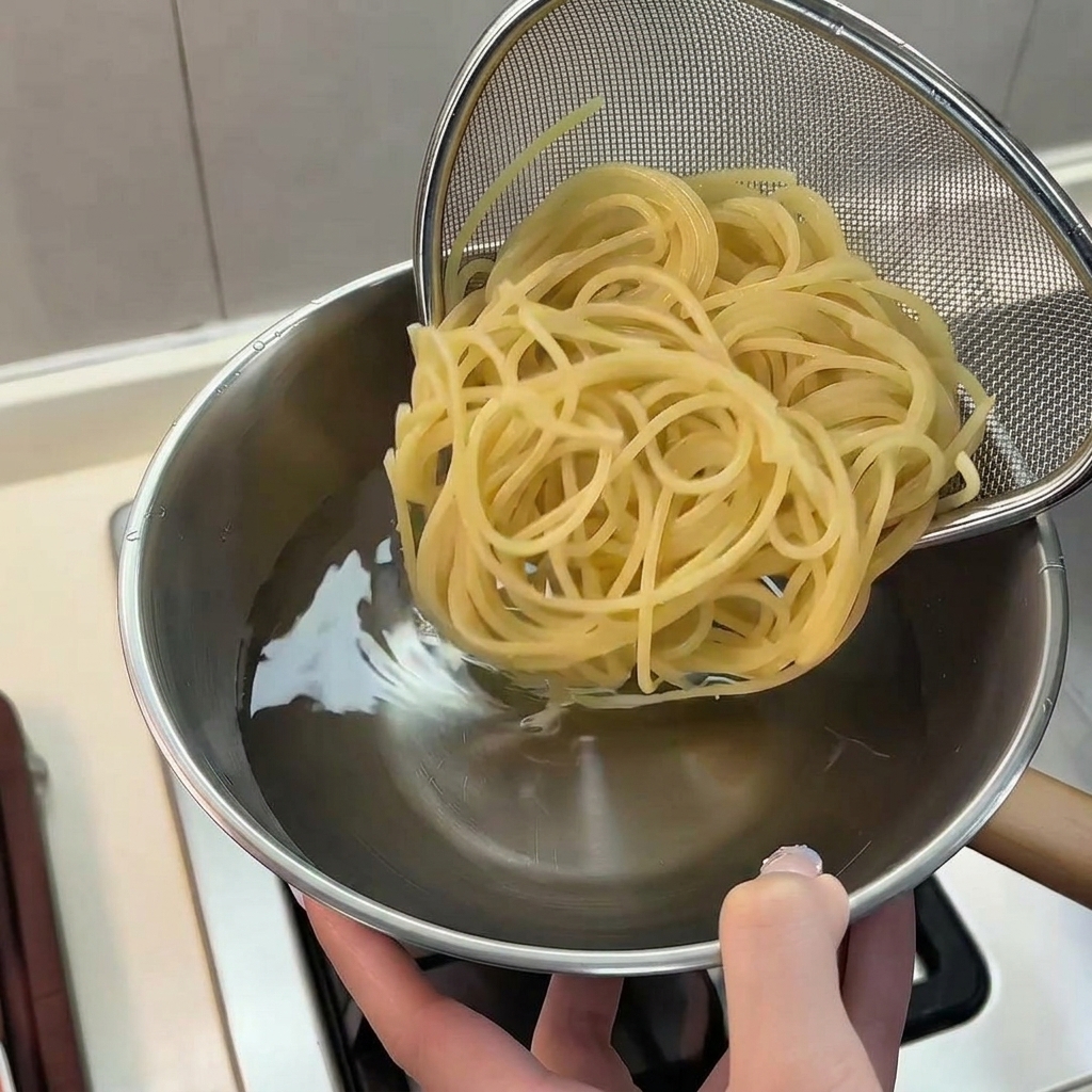 Spaghettis cuits sortis de leau chaude à laide dune passoire en inox.